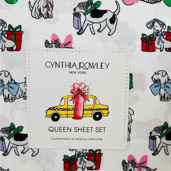 Cynthia Rowley Puppy Cheer Queen Size Sheet Set Presents Bows Ornaments Gifts - Picture 2 of 12
